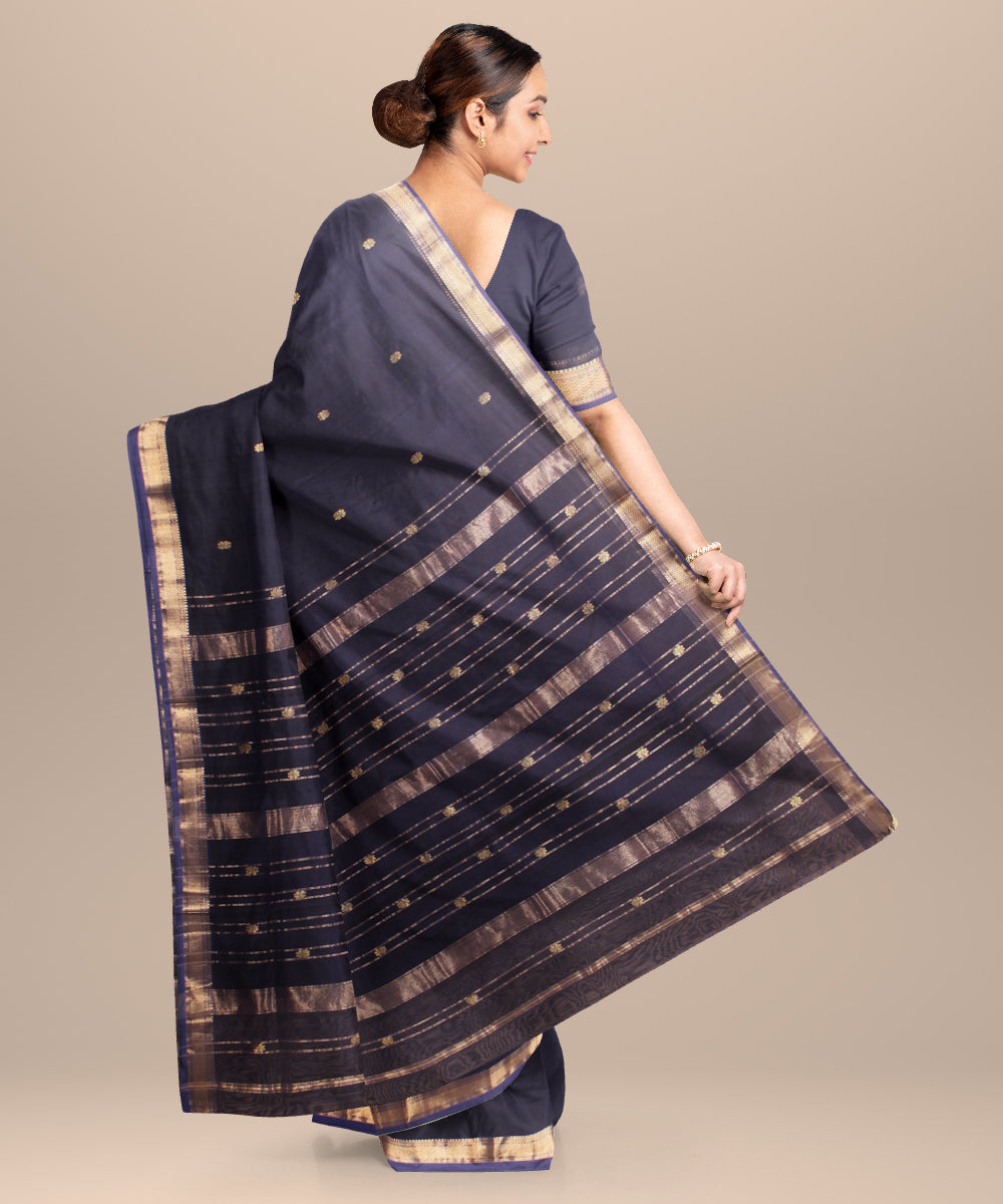 Dark blue maheshwari handloom cotton silk saree