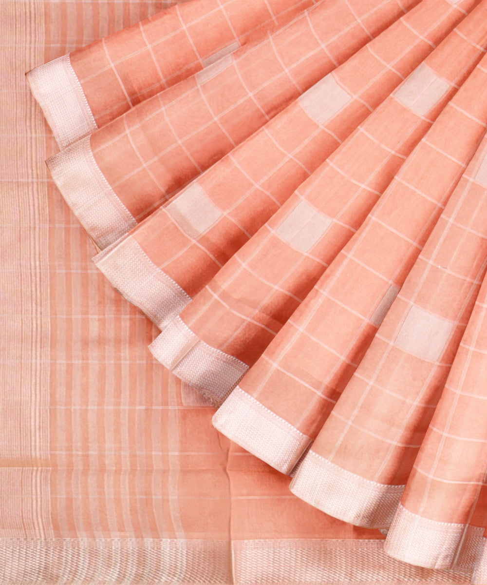 Peach maheshwari handloom cotton silk checks saree