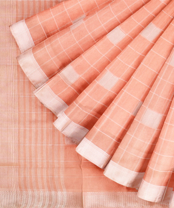 Peach maheshwari handloom cotton silk checks saree