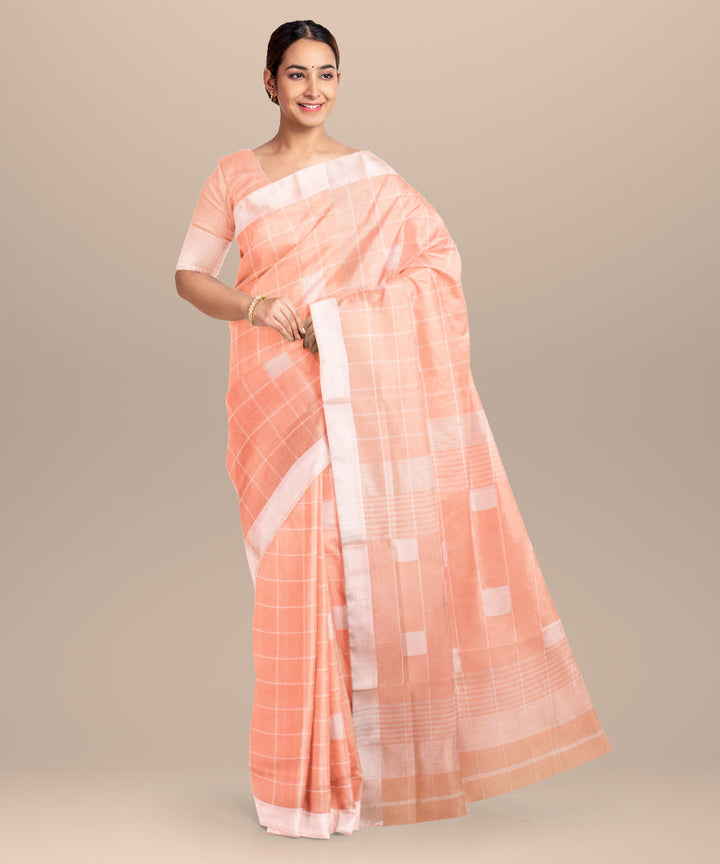 Peach maheshwari handloom cotton silk checks saree