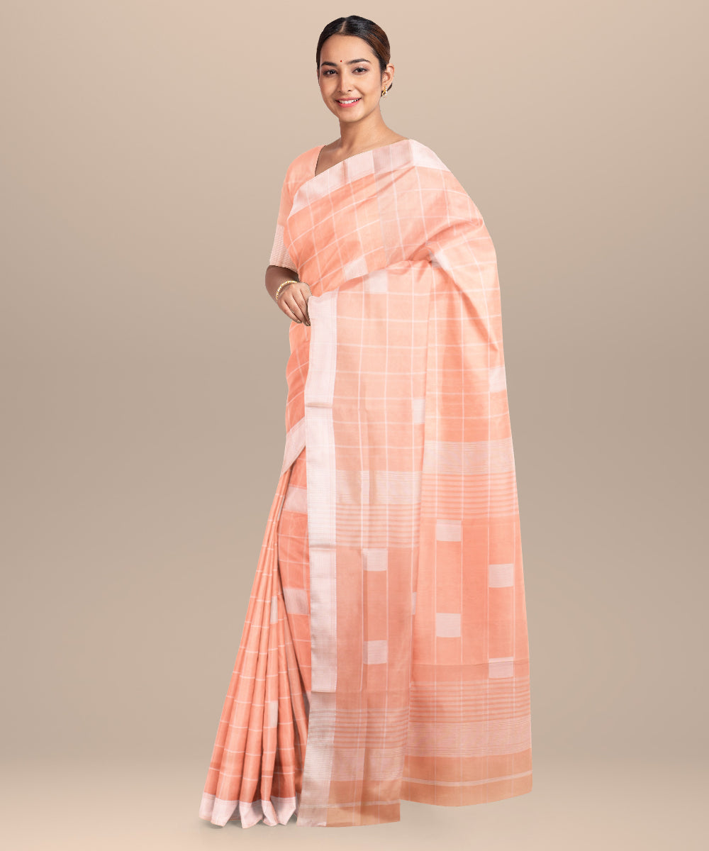 Peach maheshwari handloom cotton silk checks saree