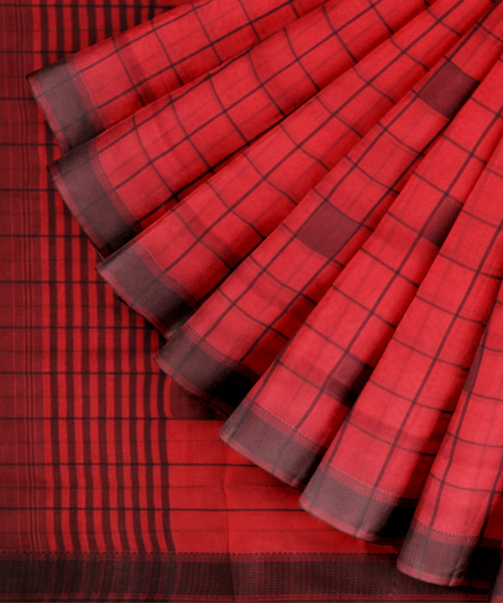 Red black checks maheshwari handloom cotton silk saree