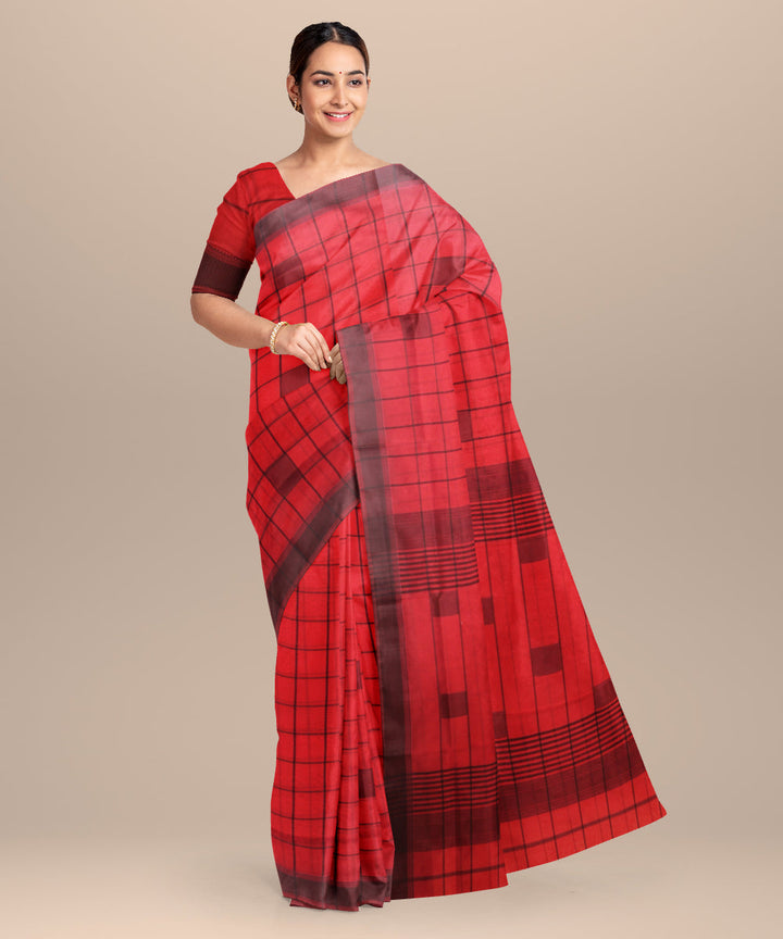 Red black checks maheshwari handloom cotton silk saree