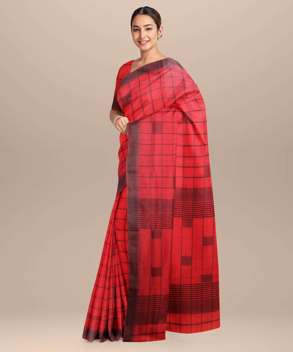 Red black checks maheshwari handloom cotton silk saree