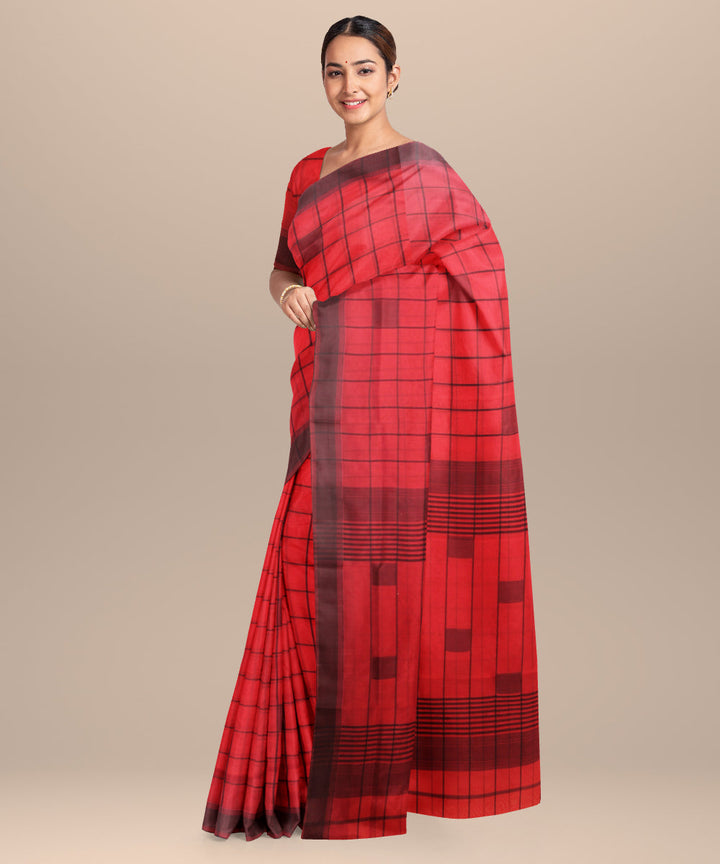 Red black checks maheshwari handloom cotton silk saree