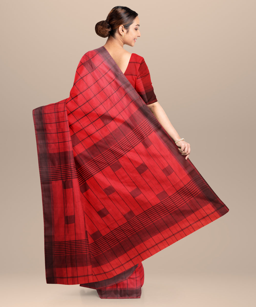Red black checks maheshwari handloom cotton silk saree