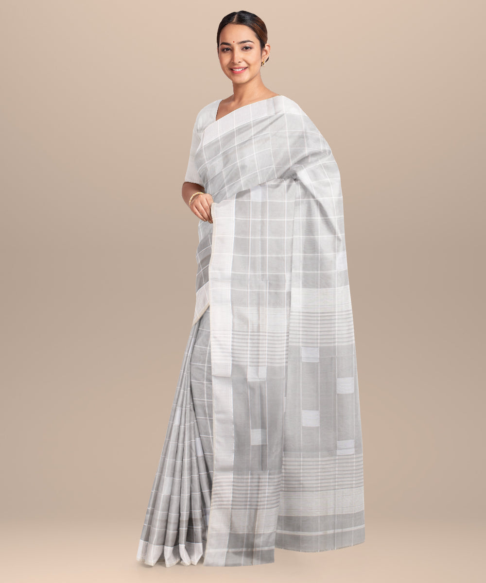 Light grey blue maheshwari handloom cotton silk saree