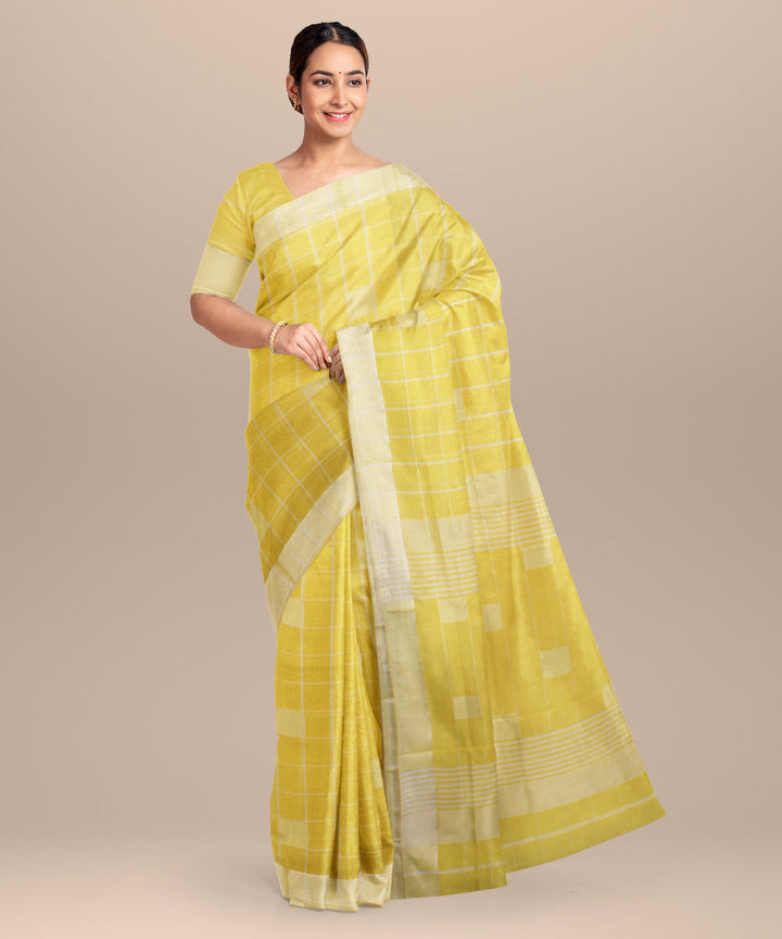 Yellow off white maheshwari handloom cotton silk saree