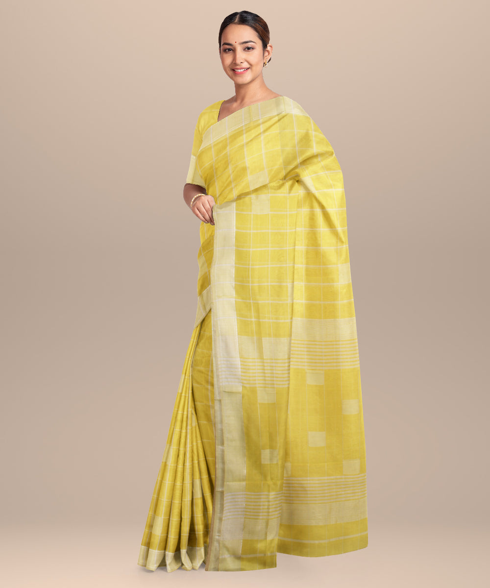 Yellow off white maheshwari handloom cotton silk saree