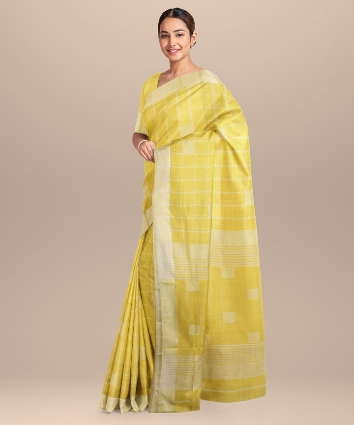 Yellow off white maheshwari handloom cotton silk saree