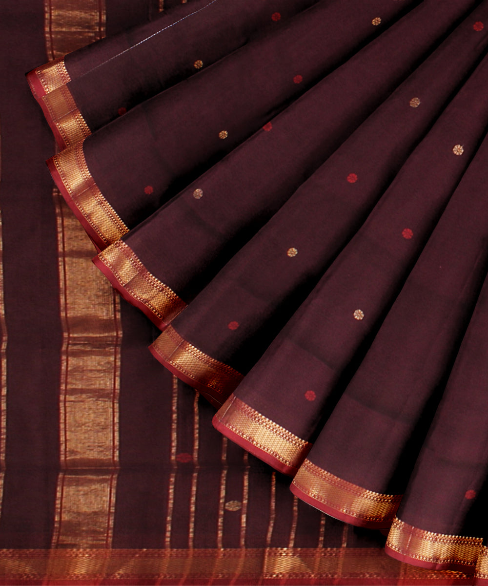 Brown red maheshwari handloom cotton silk saree