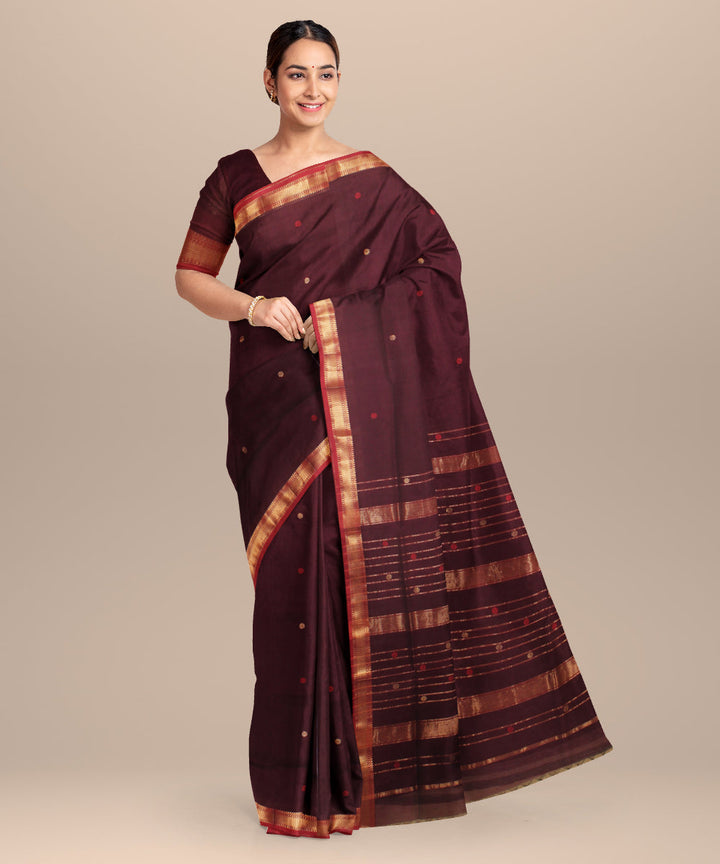 Brown red maheshwari handloom cotton silk saree