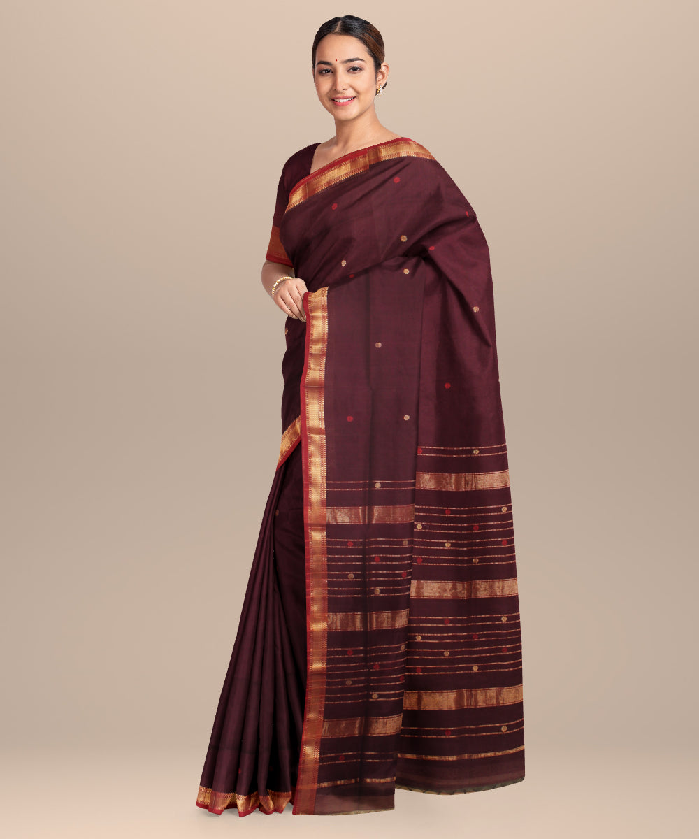 Brown red maheshwari handloom cotton silk saree