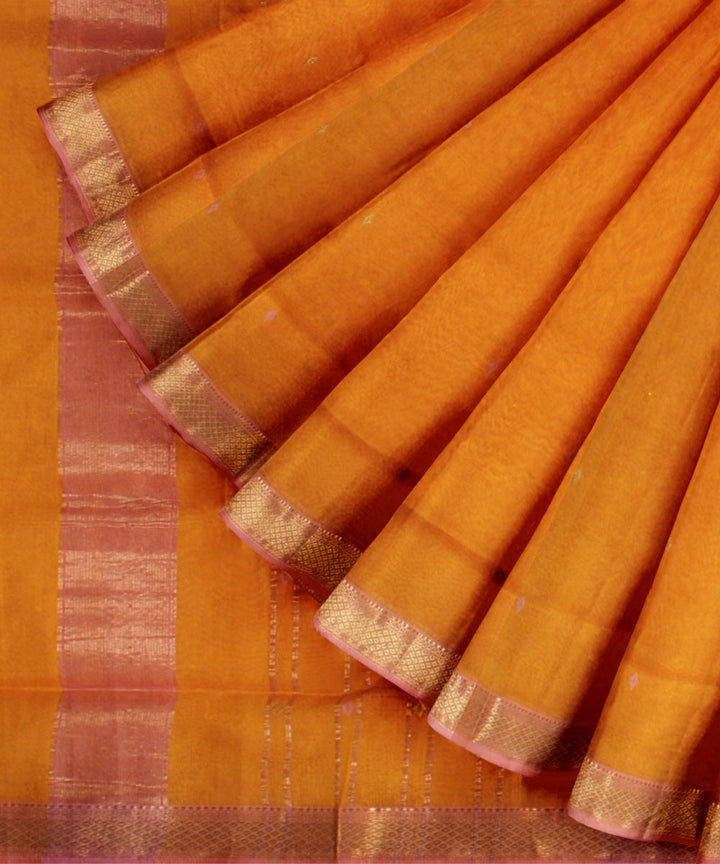 Yellow pink maheshwari handloom cotton silk saree
