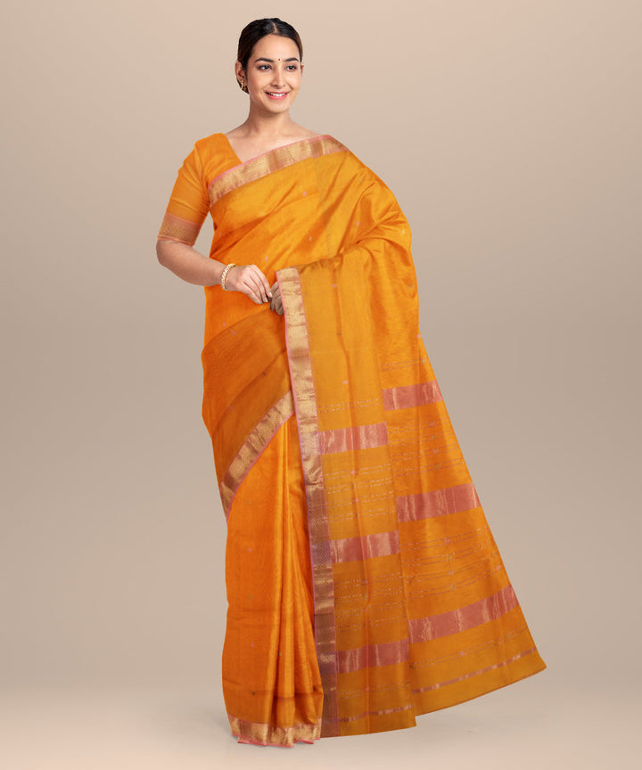 Yellow pink maheshwari handloom cotton silk saree