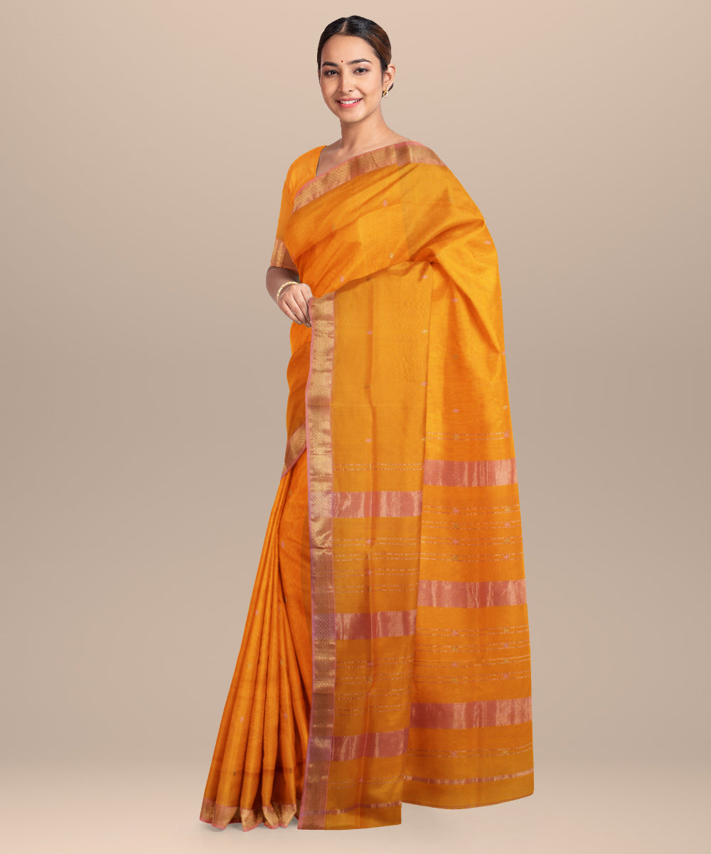 Yellow pink maheshwari handloom cotton silk saree