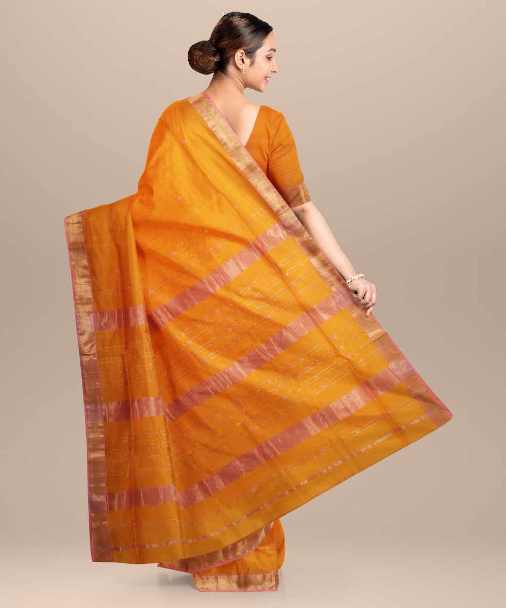 Yellow pink maheshwari handloom cotton silk saree