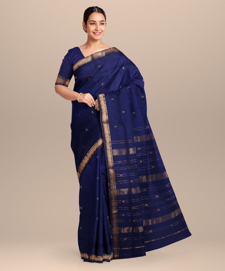 Navy blue maheshwari handloom cotton silk saree