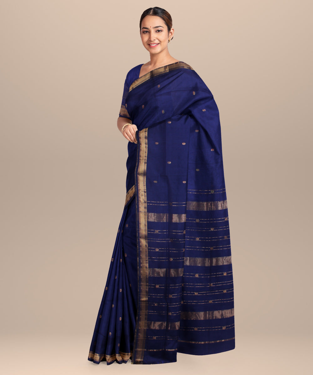 Navy blue maheshwari handloom cotton silk saree