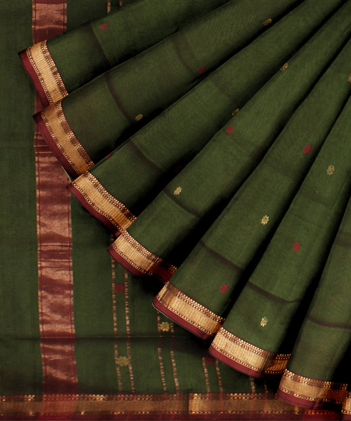 Forest green red maheshwari handloom cotton silk saree