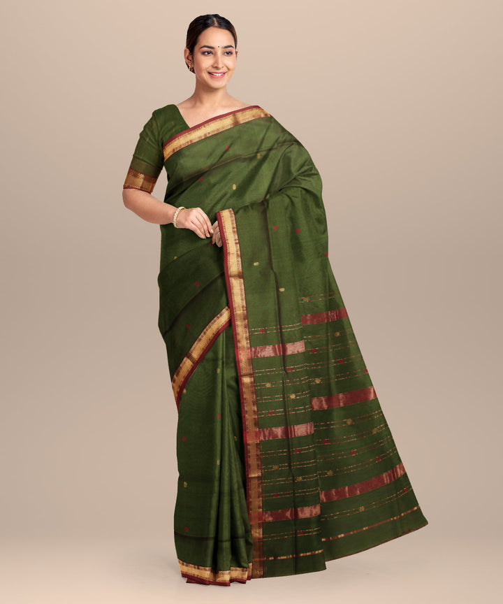 Forest green red maheshwari handloom cotton silk saree