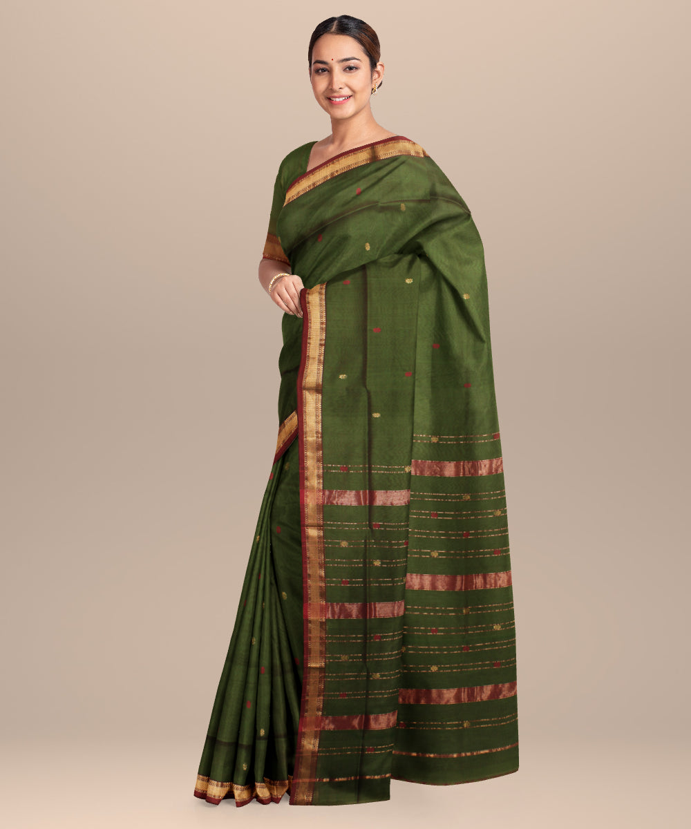Forest green red maheshwari handloom cotton silk saree