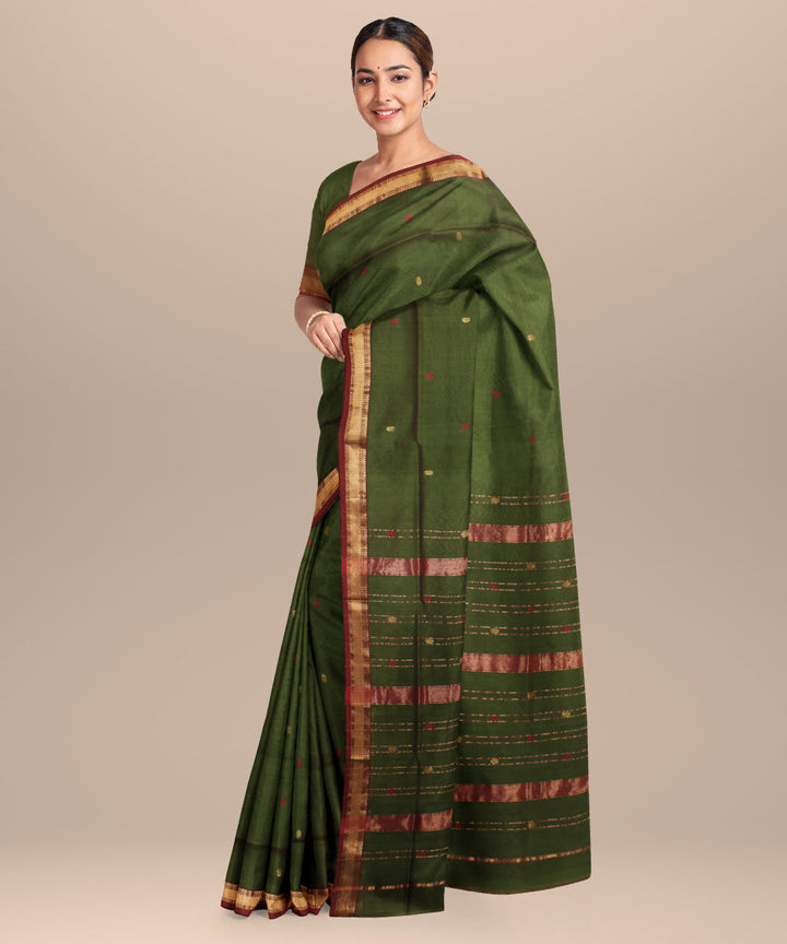 Forest green red maheshwari handloom cotton silk saree