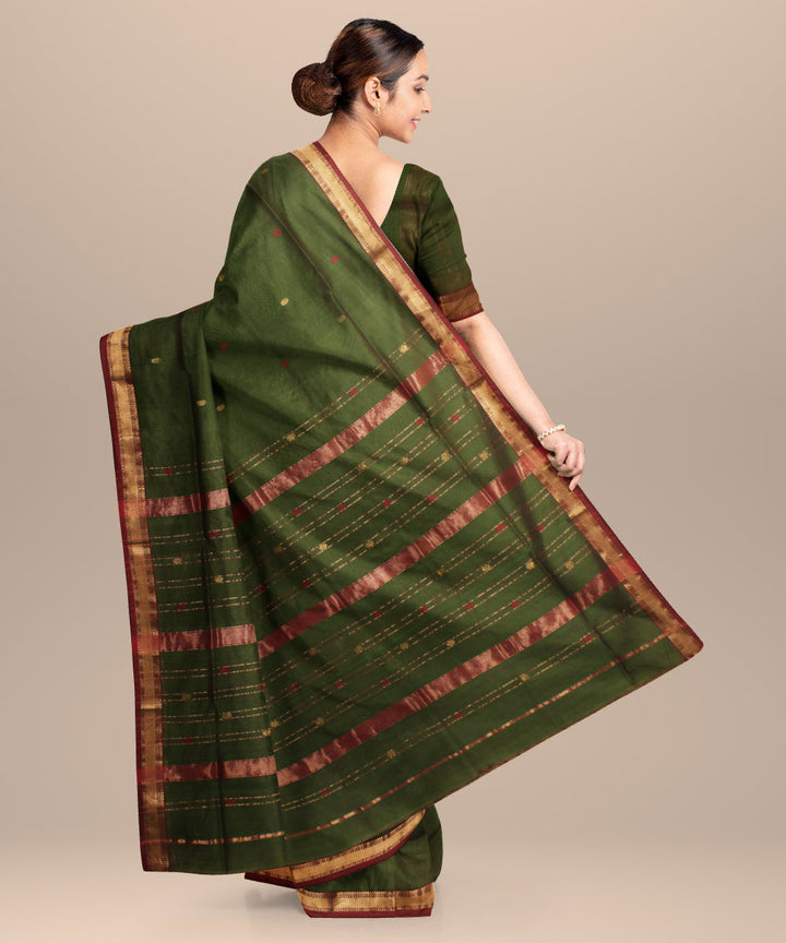 Forest green red maheshwari handloom cotton silk saree
