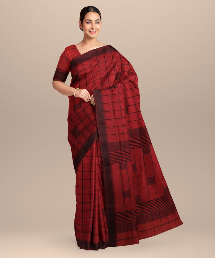 Dark red black maheshwari handloom cotton silk saree