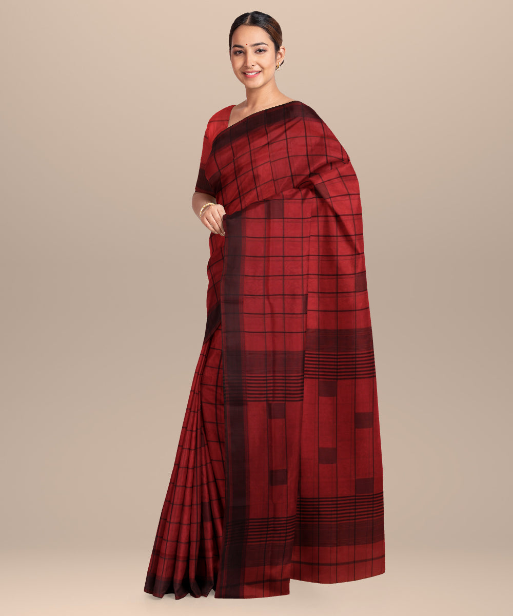 Dark red black maheshwari handloom cotton silk saree