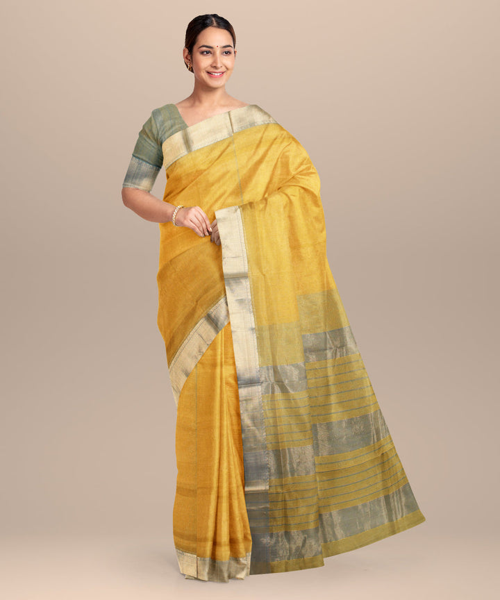 Yellow green maheshwari cotton silk handloom saree