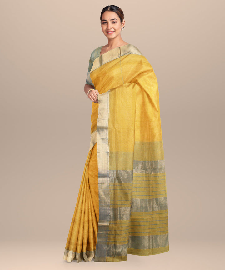 Yellow green maheshwari cotton silk handloom saree