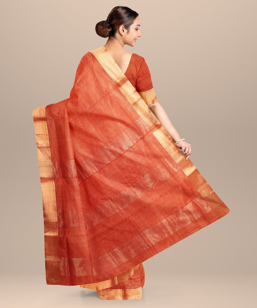 Orange red maheshwari handloom cotton silk saree