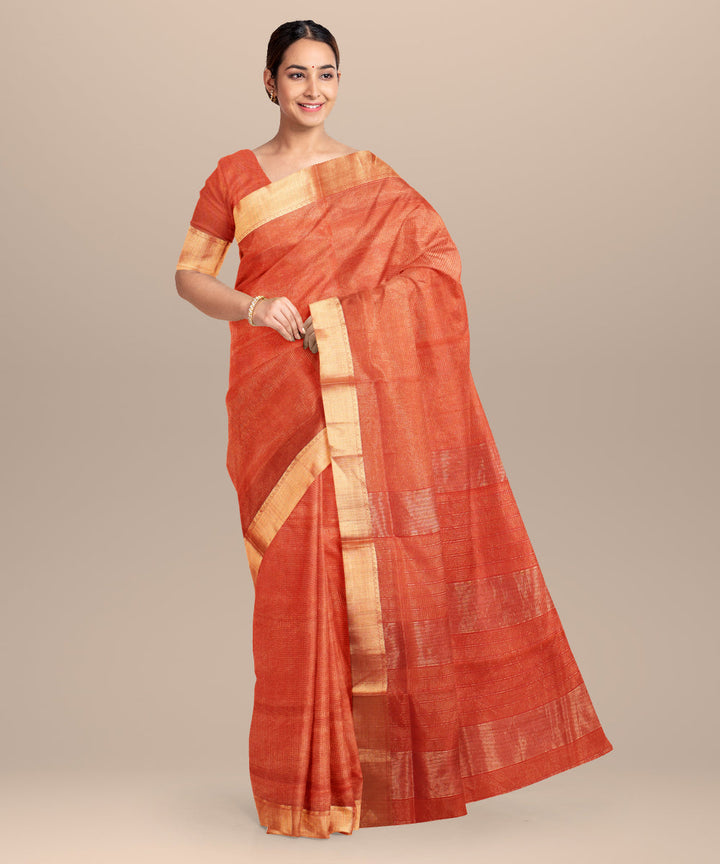 Orange red maheshwari handloom cotton silk saree