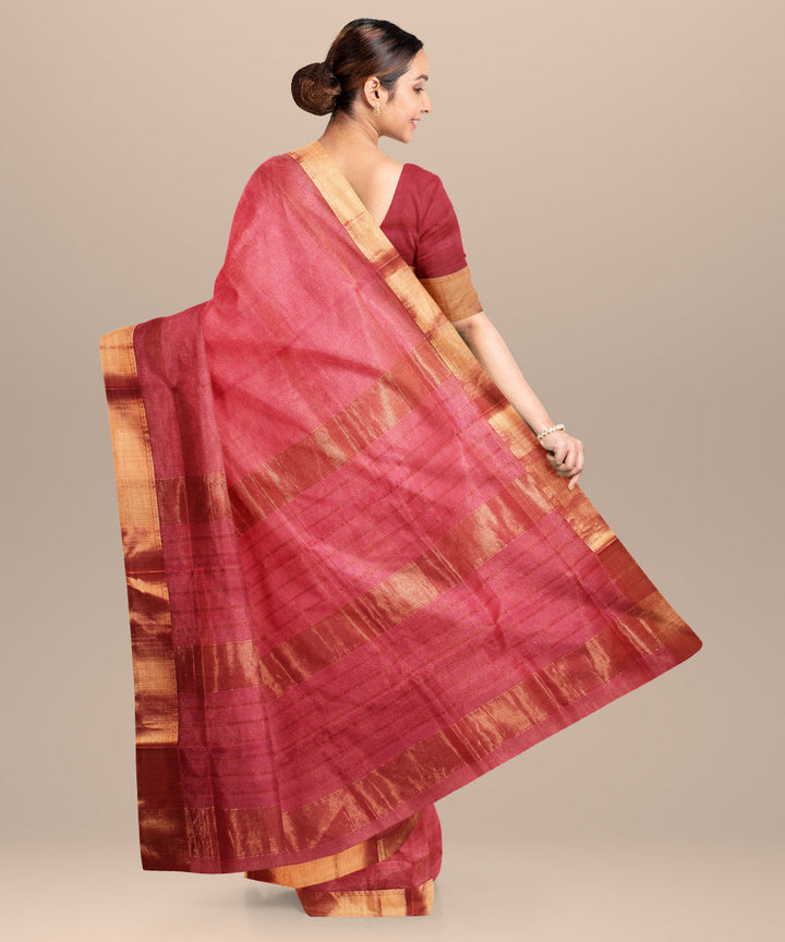Pink red maheshwari handloom cotton silk saree