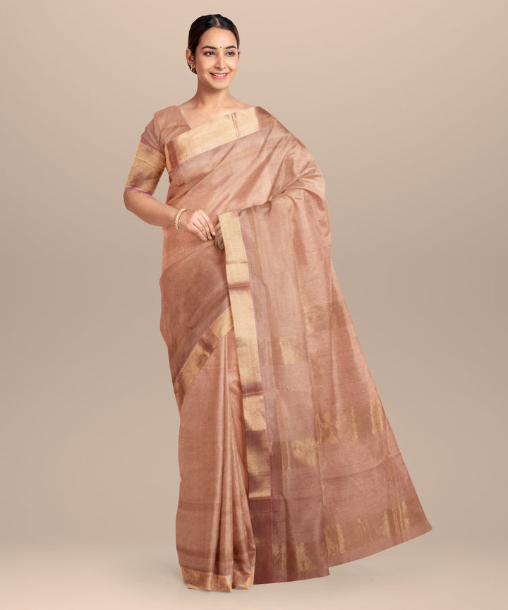 Beige pink maheshwari handloom cotton silk saree