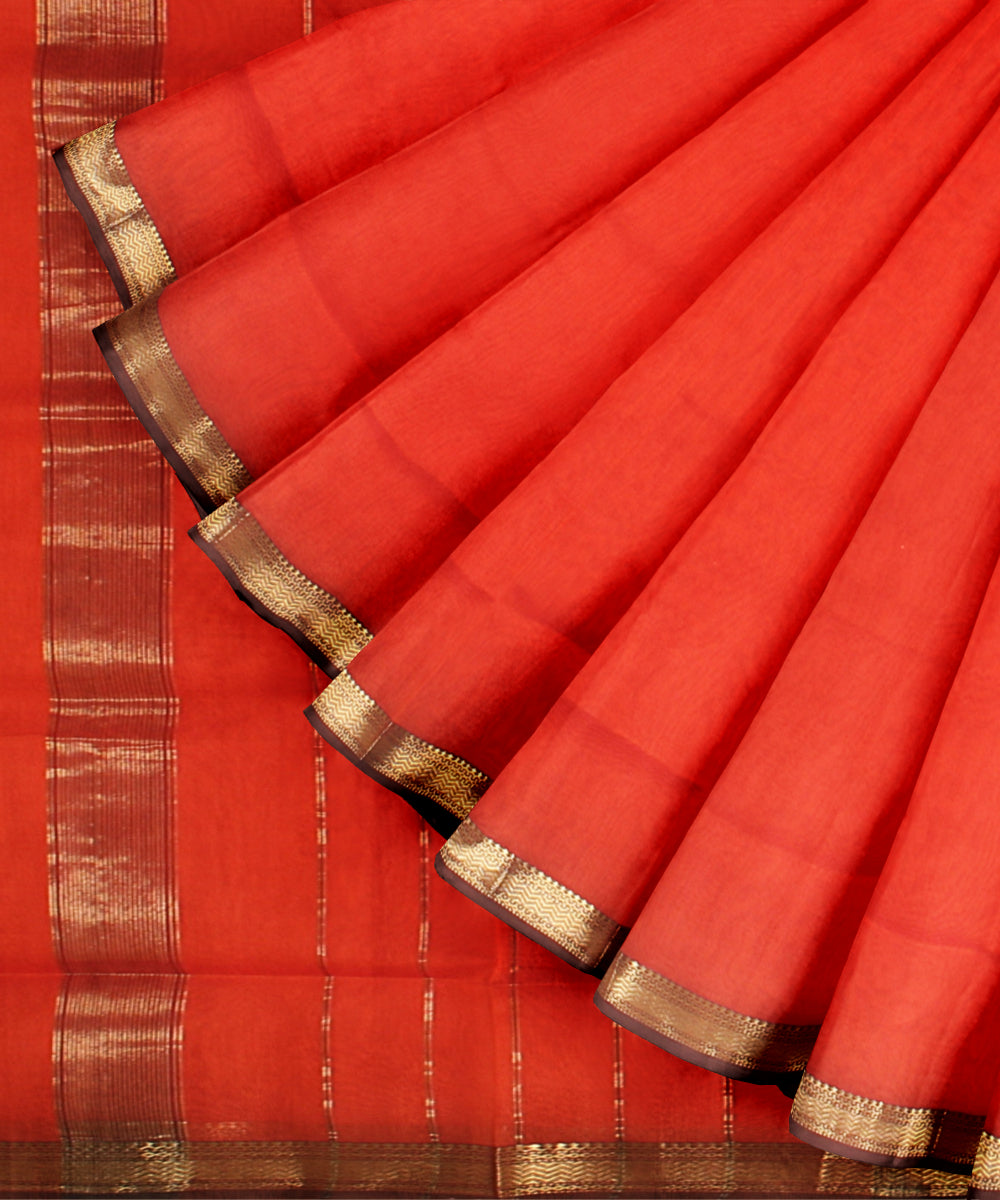 Carrot orange maheshwari handloom cotton silk saree