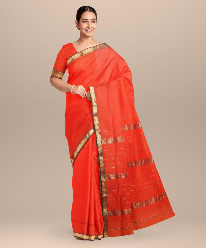 Carrot orange maheshwari handloom cotton silk saree