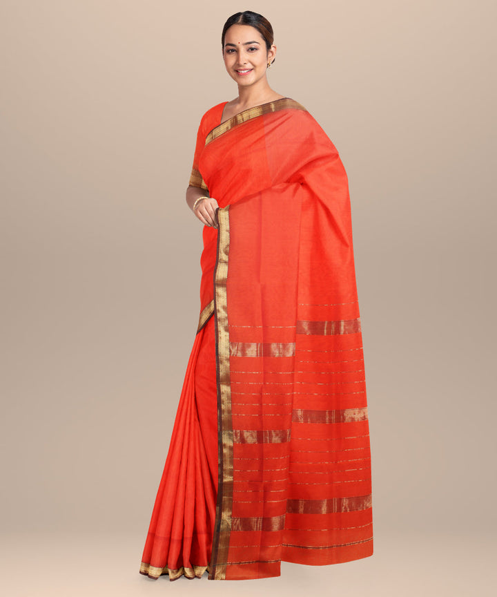Carrot orange maheshwari handloom cotton silk saree