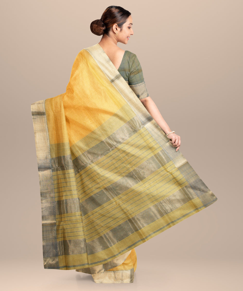 Yellow green maheshwari handloom cotton silk saree