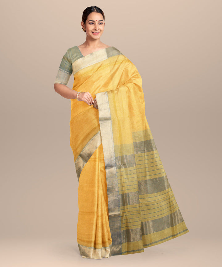 Yellow green maheshwari handloom cotton silk saree