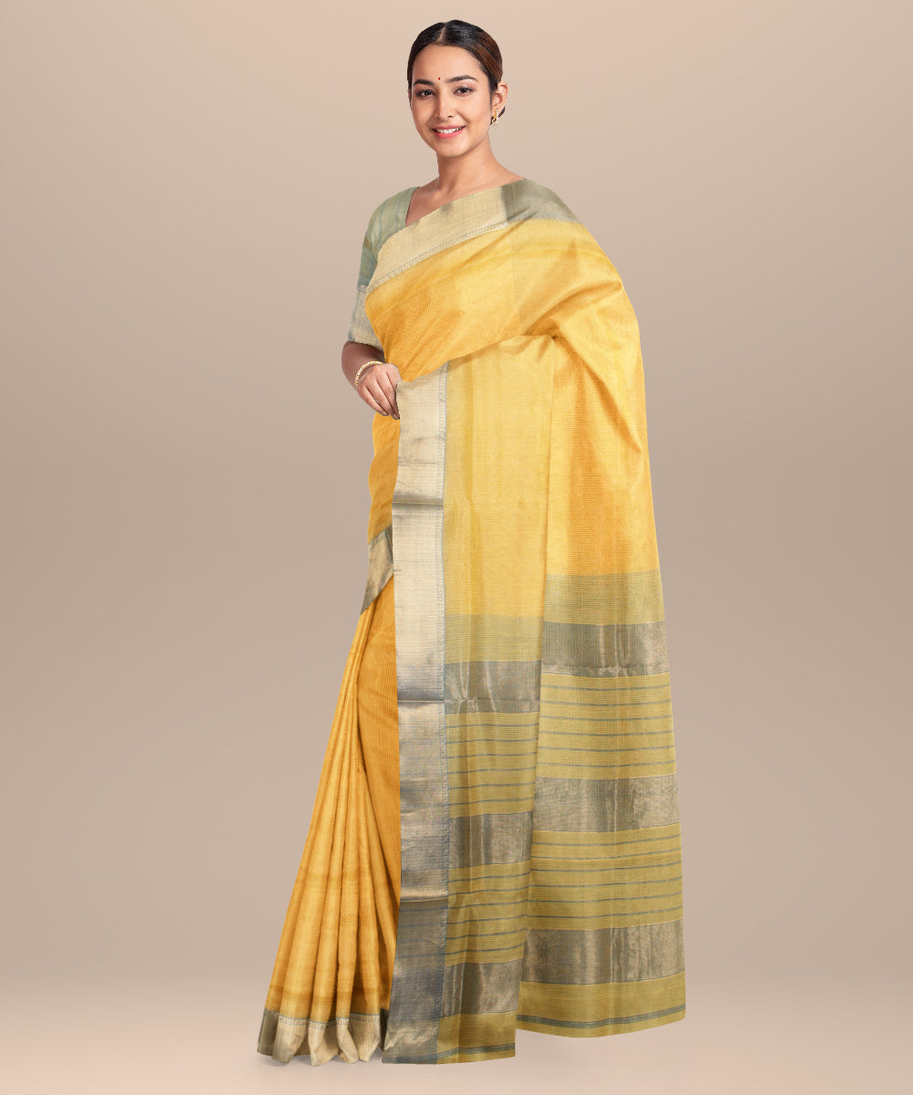 Yellow green maheshwari handloom cotton silk saree