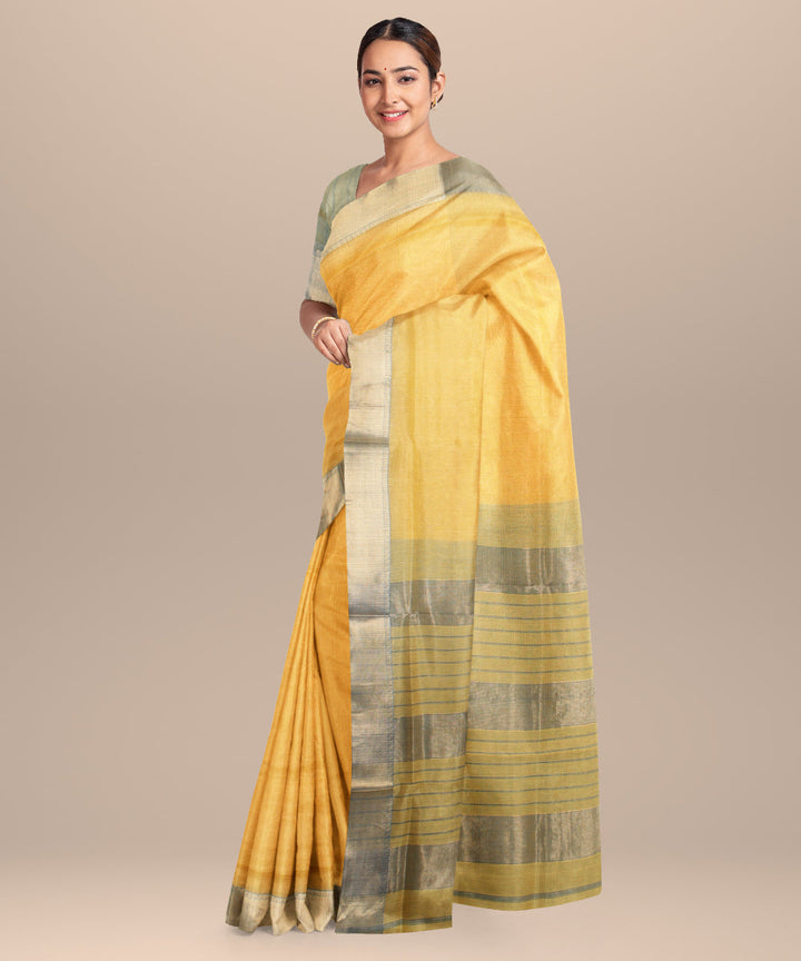 Yellow green maheshwari handloom cotton silk saree