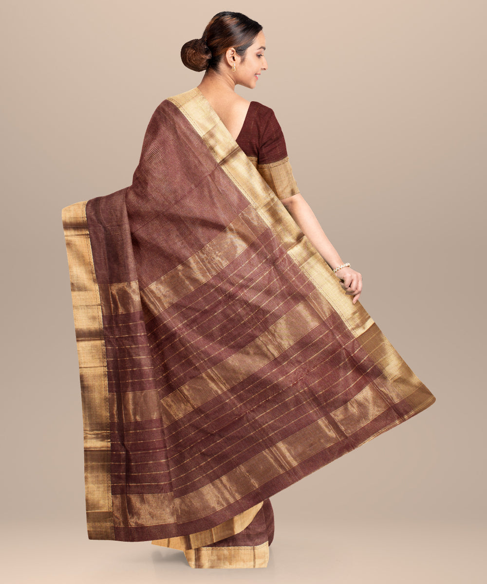 Brown maheshwari hand loom cotton silk saree