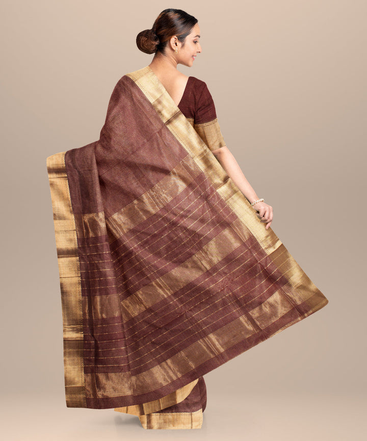 Brown maheshwari hand loom cotton silk saree