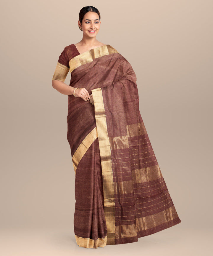 Brown maheshwari hand loom cotton silk saree