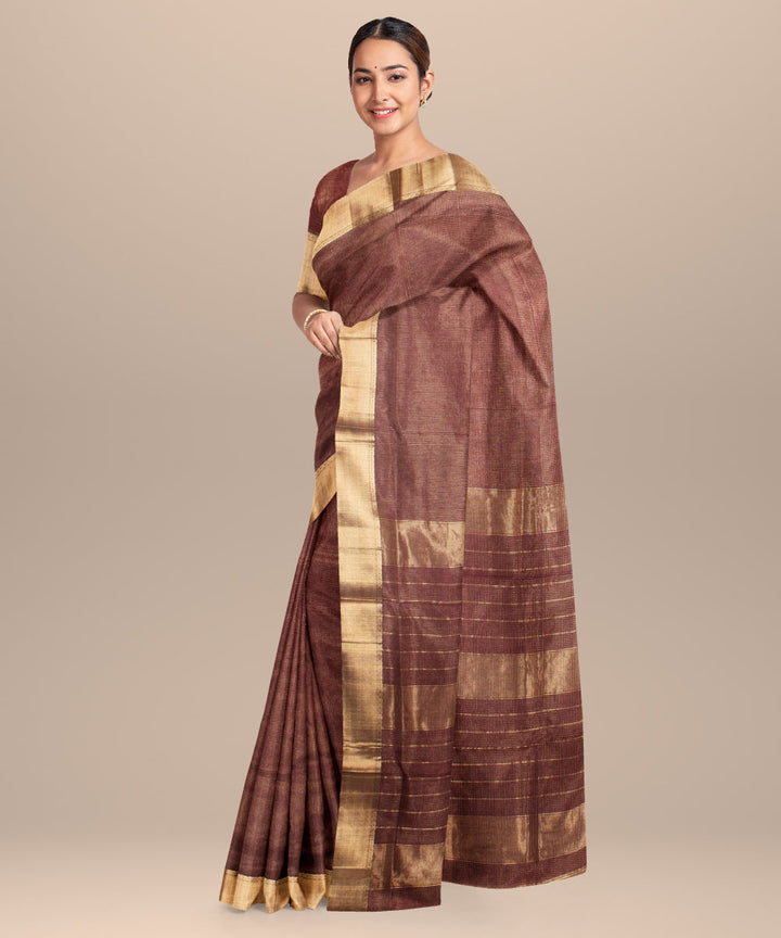 Brown maheshwari hand loom cotton silk saree