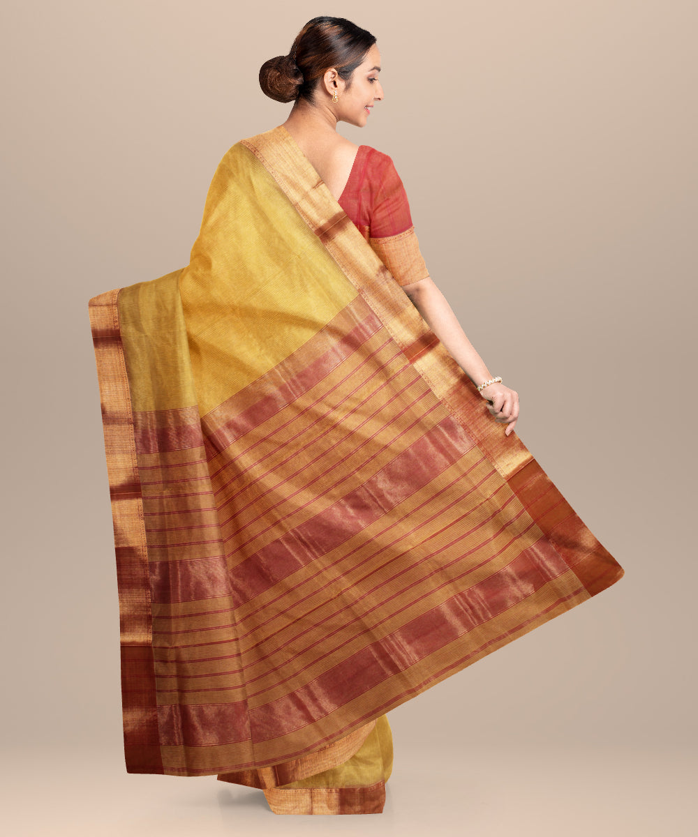 Yellow red maheshwari handloom cotton silk saree