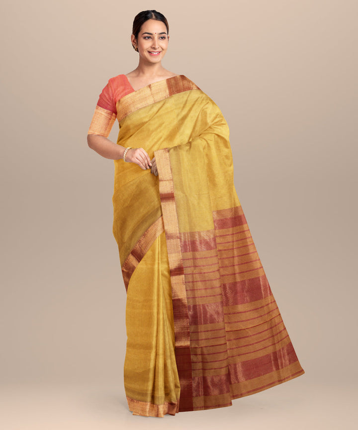 Yellow red maheshwari handloom cotton silk saree
