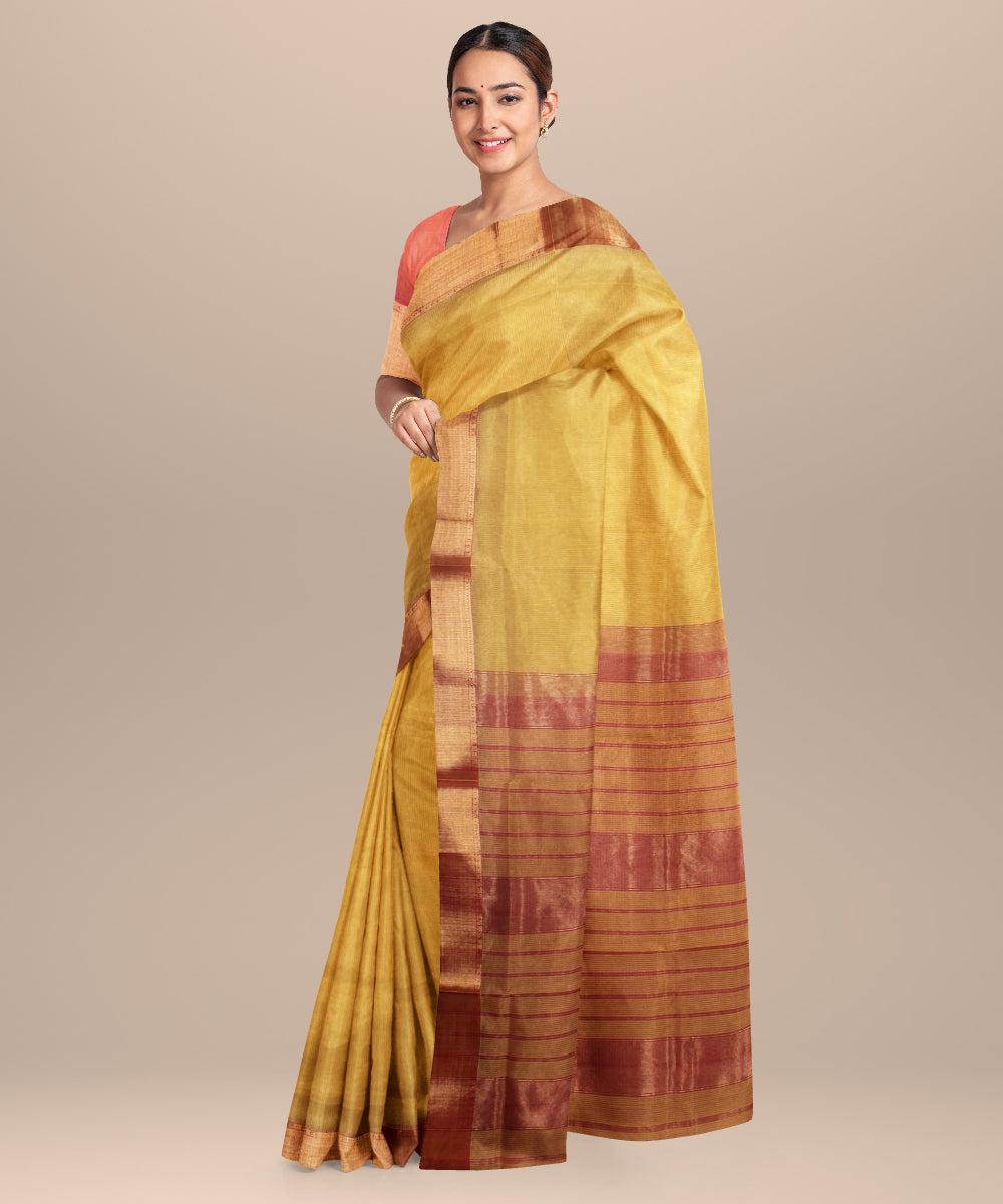 Yellow red maheshwari handloom cotton silk saree